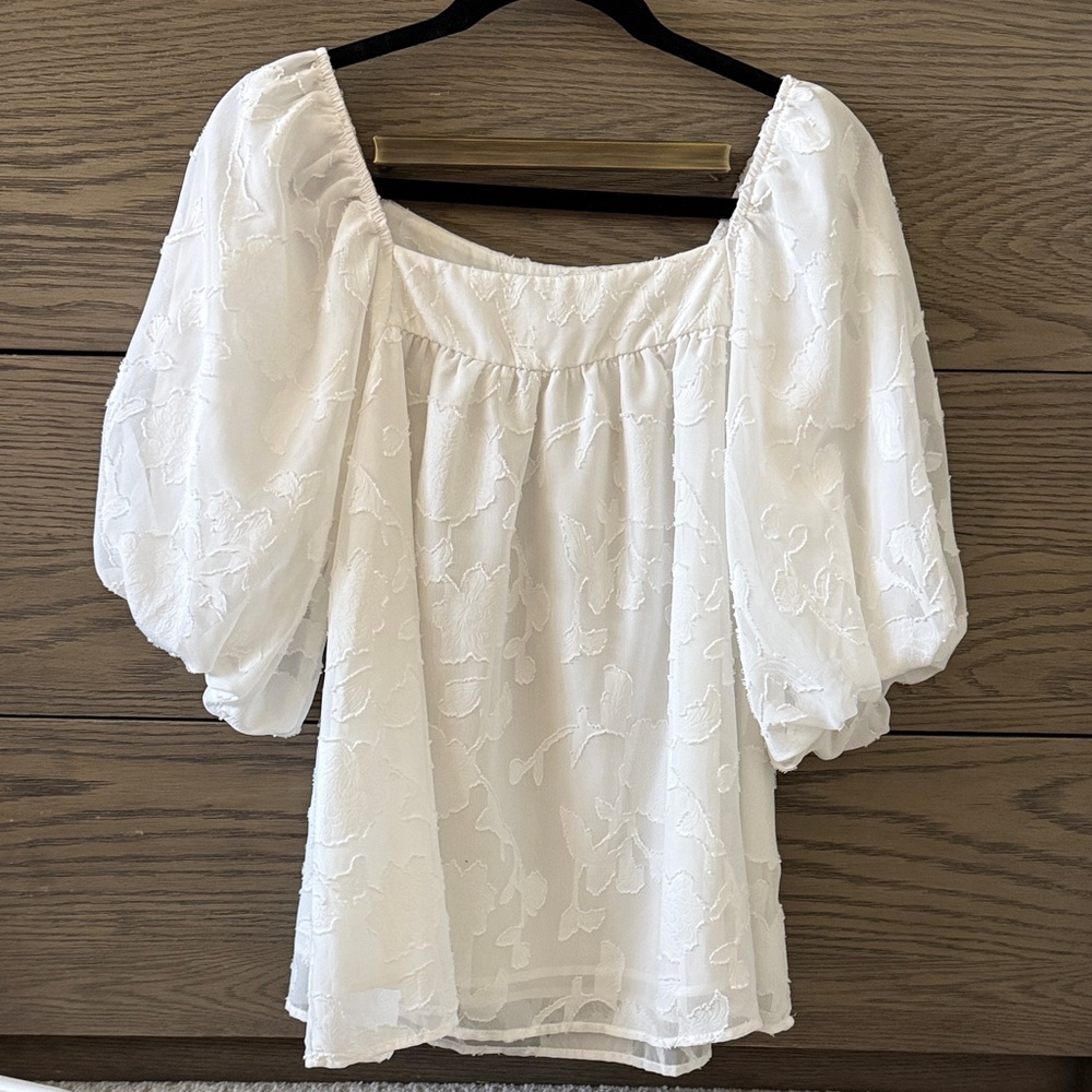 White Textured Puff Sleeve Blouse Size Small Sheer Floral Cottagecore Top